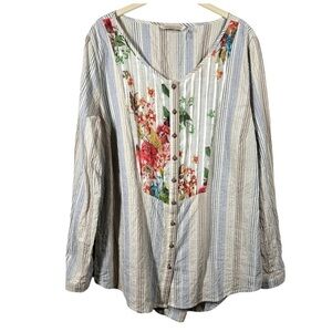 Soft Surroundings Blouse Top Women's Medium M Stripe Floral‎ Long Sleeve Pintuck